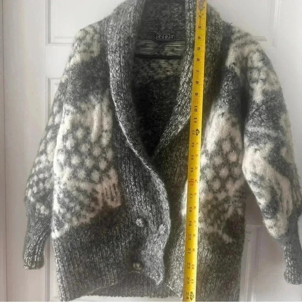 JAHARI 100% GREY WHITE WINTER  COLLAR WOOL HAND KNITTED SIZE S/M DOUBLE BREAST - Picture 6 of 15